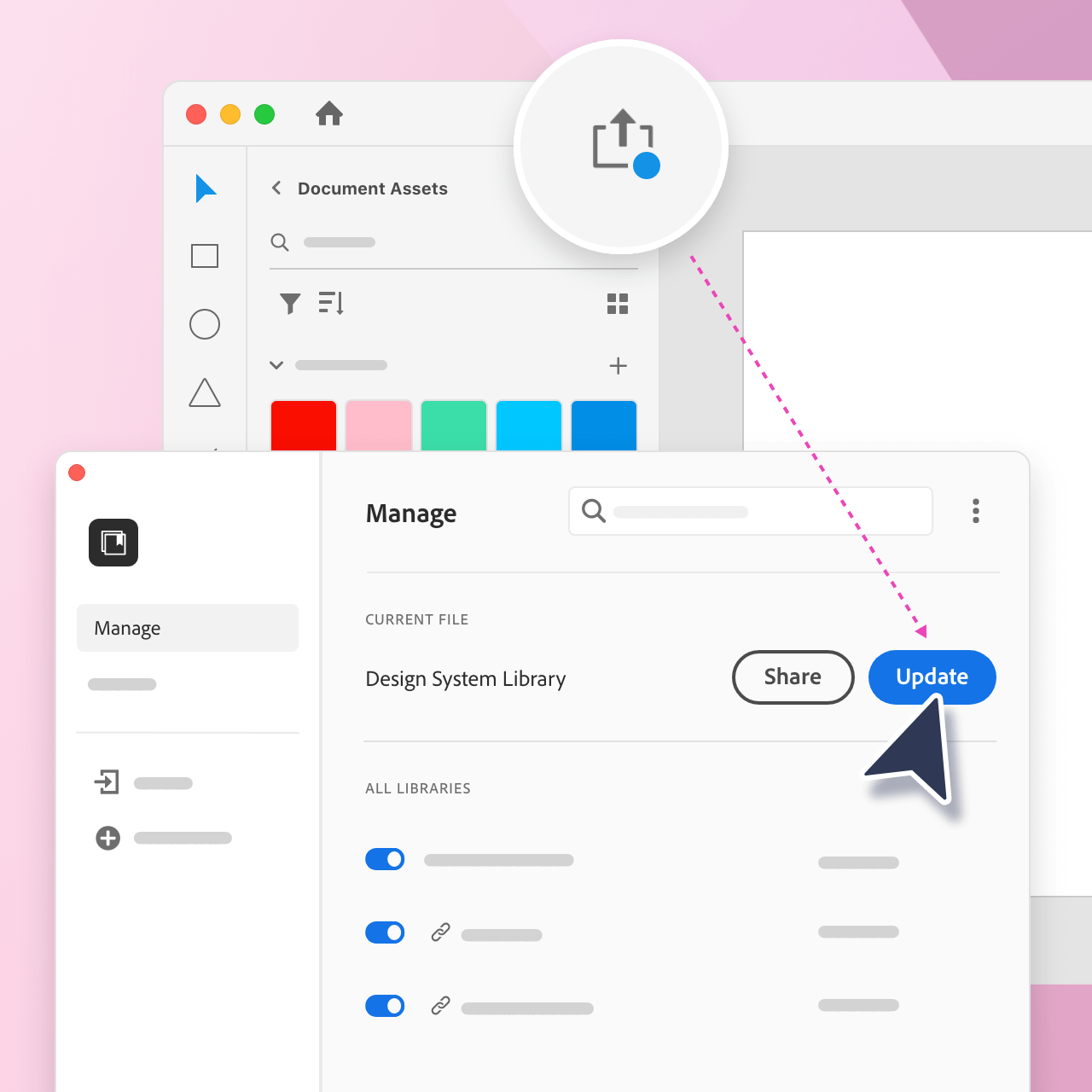Illustration highlighting the Publish icon and Update buttons