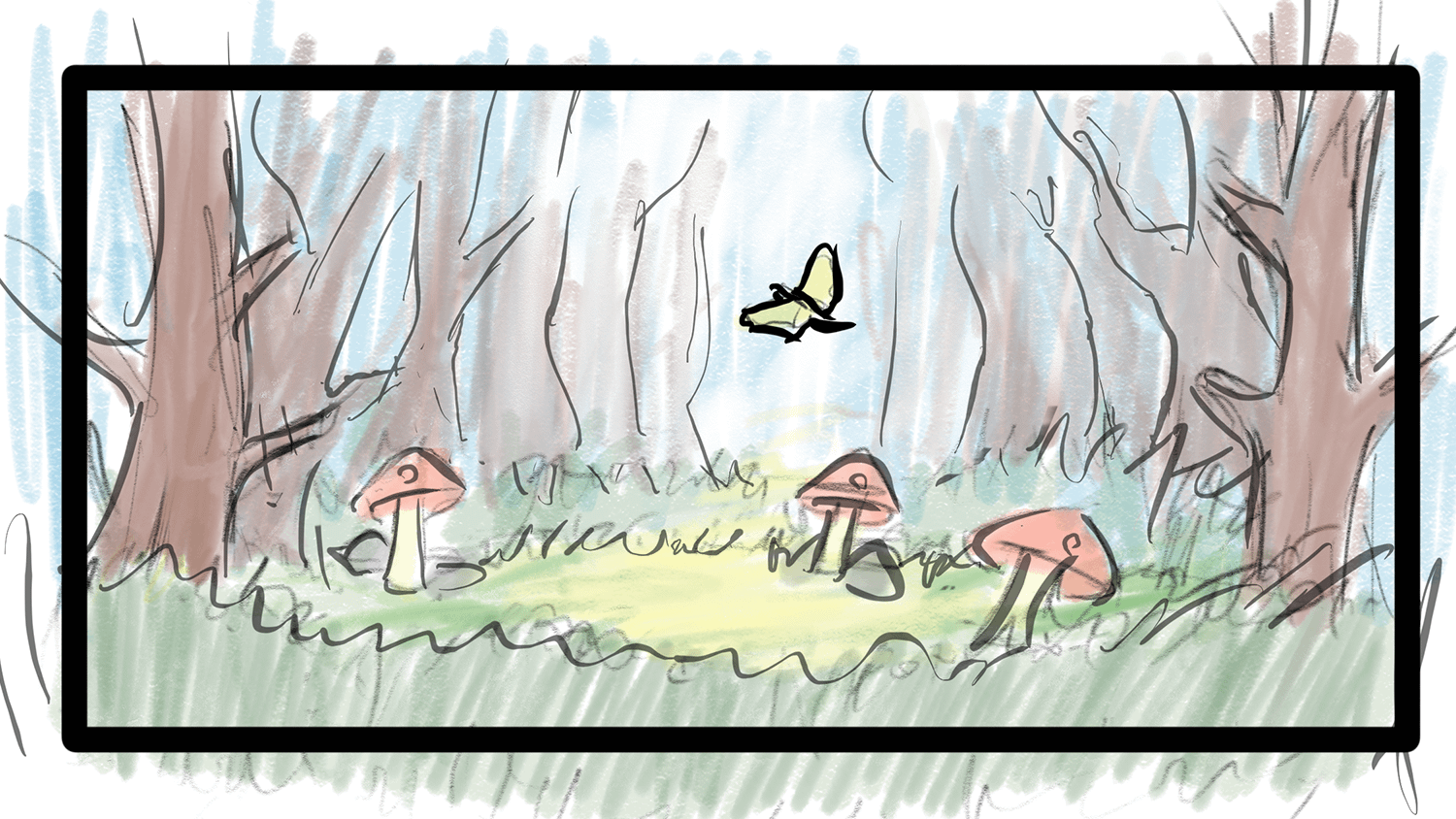 Low-fidelity sketch of forest environment with mushrooms and butterflies
