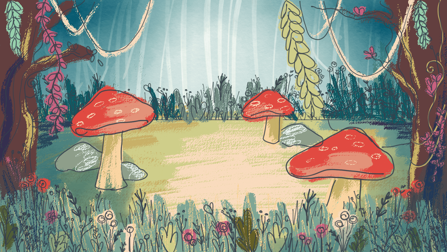 Mid-fidelity sketch of a forest environment with large mushrooms