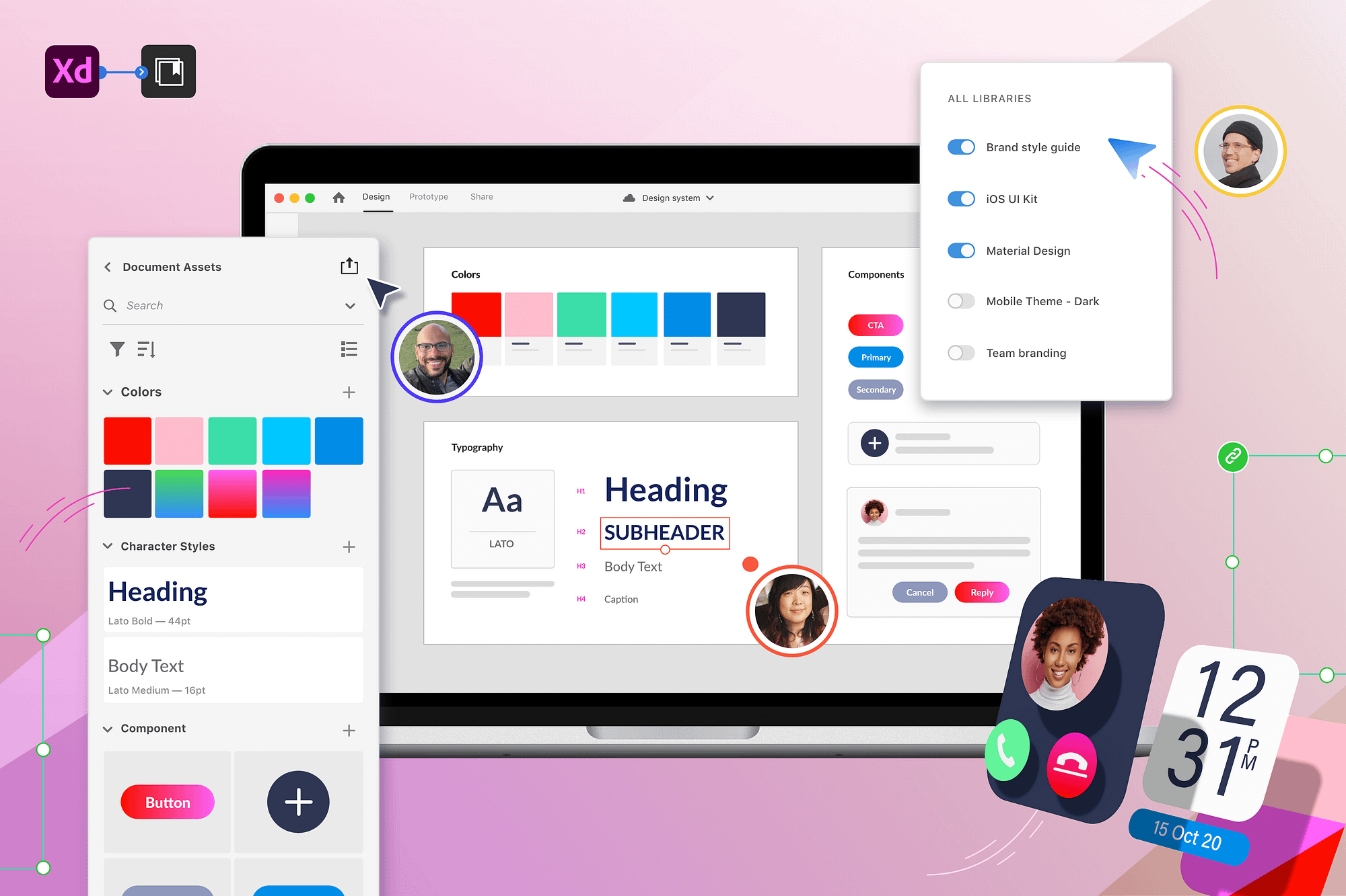 Large cover image showing three designers collaborating on a design system in Adobe XD