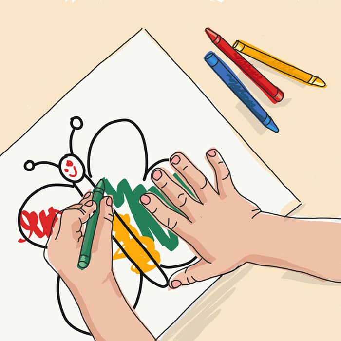 Illustration of children's hand coloring a butterfly with crayons