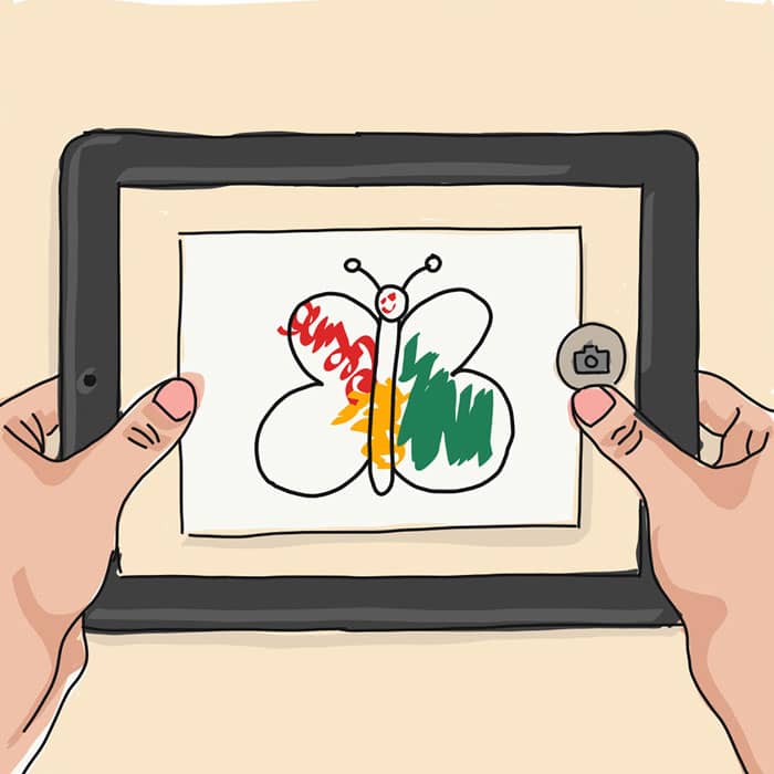 Illustration of person scanning butterfly drawing with iPad