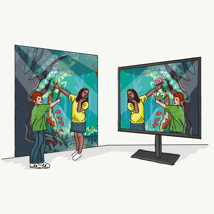 Illustration of two kids posing in front of backdrop while watching themselves reflected on an augmented screen with animated butterflies