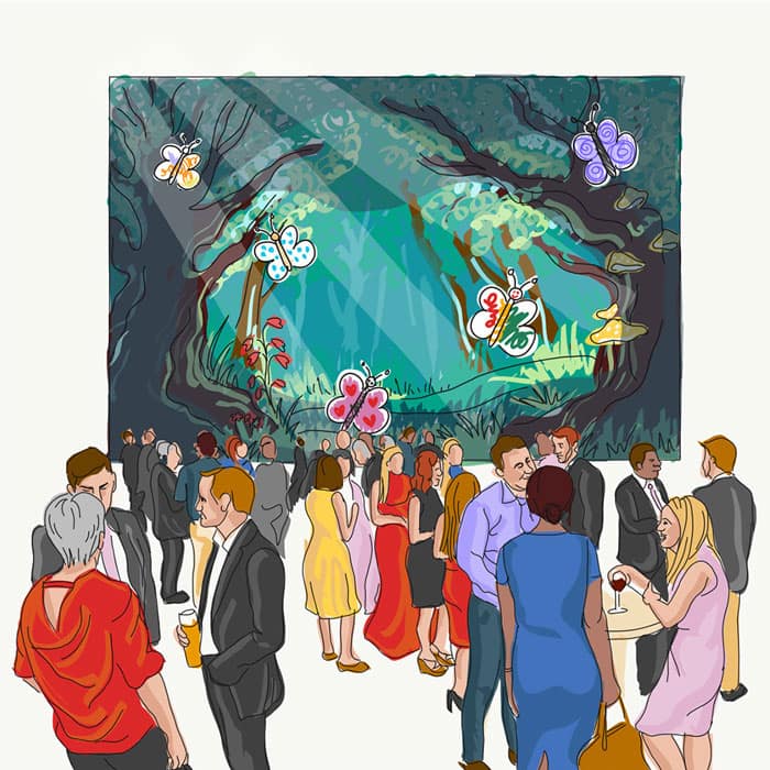 Illustration of a crowd of adult party-goers mingling in front of a large screen with animated butterflies