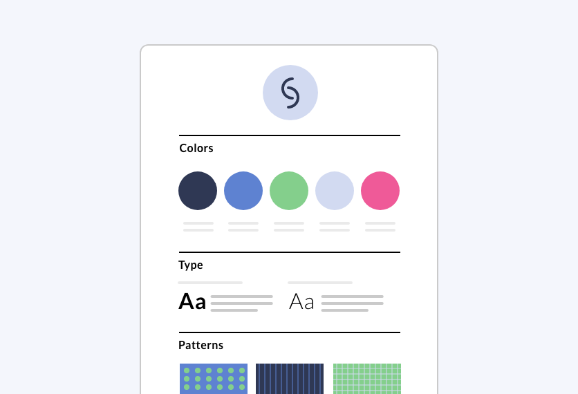 Illustration of style guide with colors, fonts, and patterns
